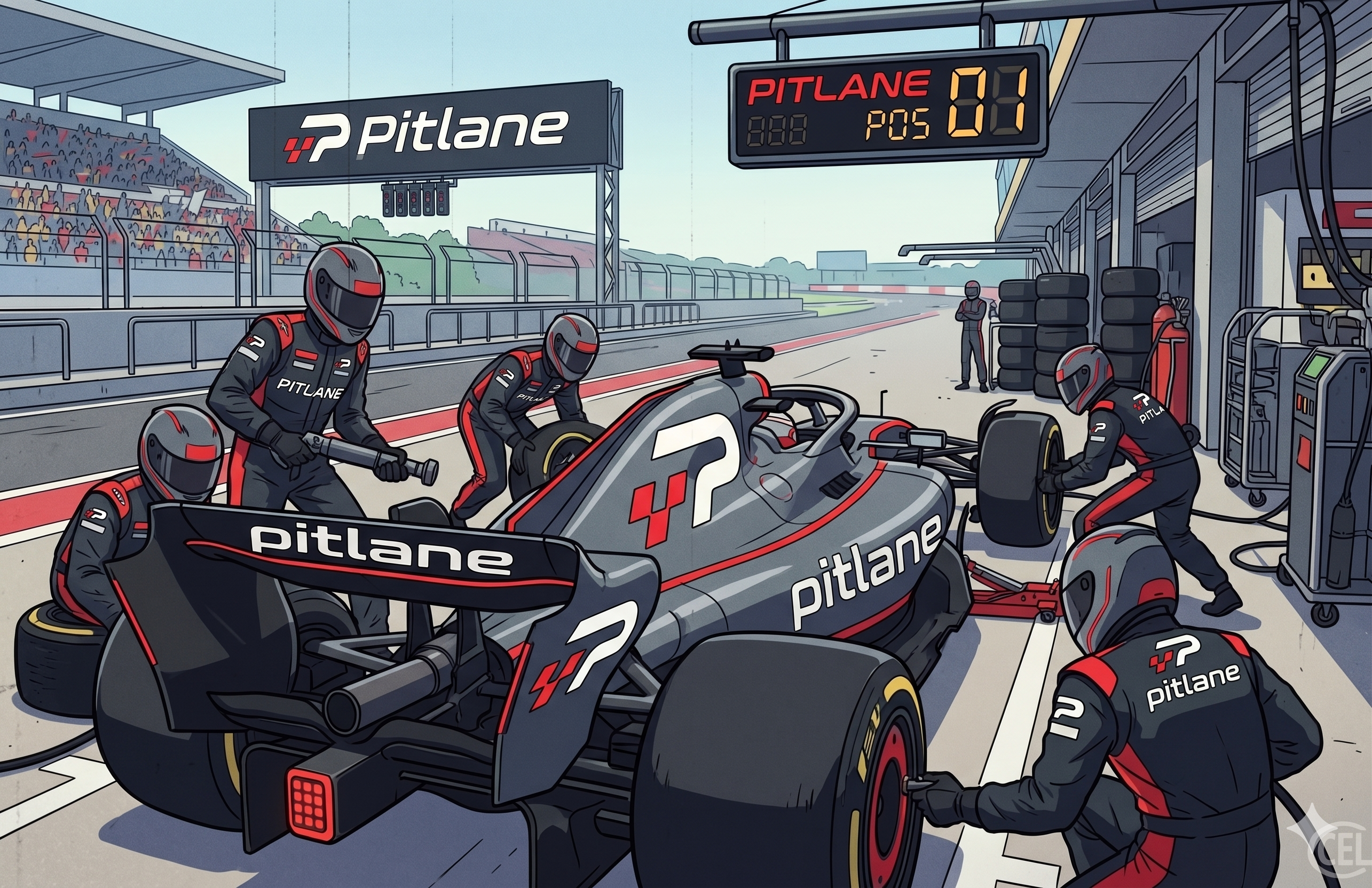 Pitlane pit crew servicing a Pitlane-branded race car