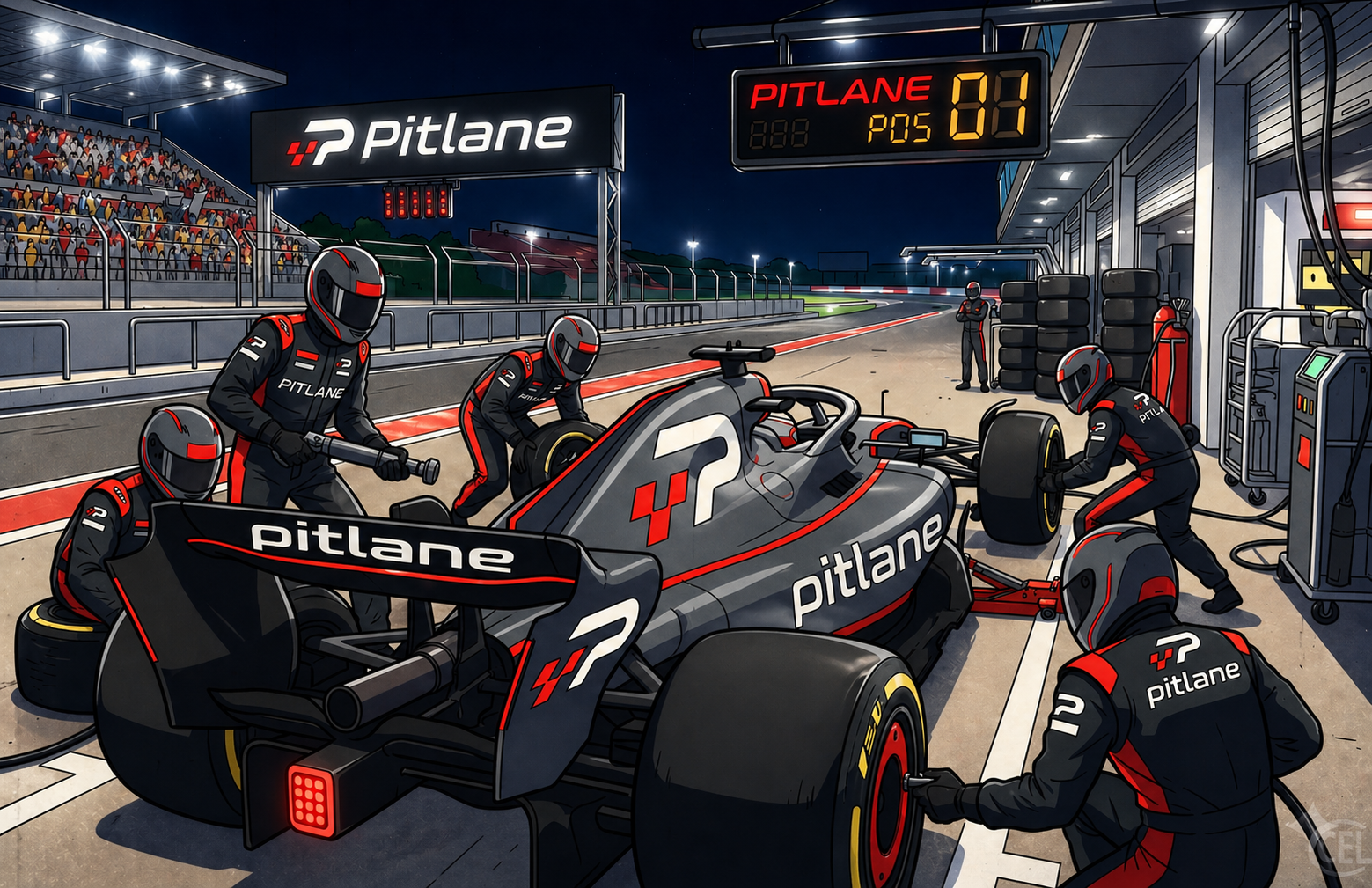 Pitlane pit crew servicing a Pitlane-branded race car
